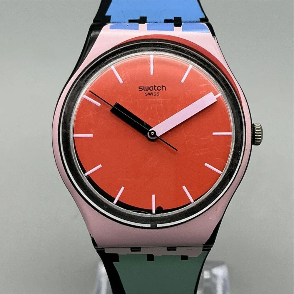 Swatch A COTE GB286 Womens Watch 34mm Orange Dial Pink Case Rubber New Battery
